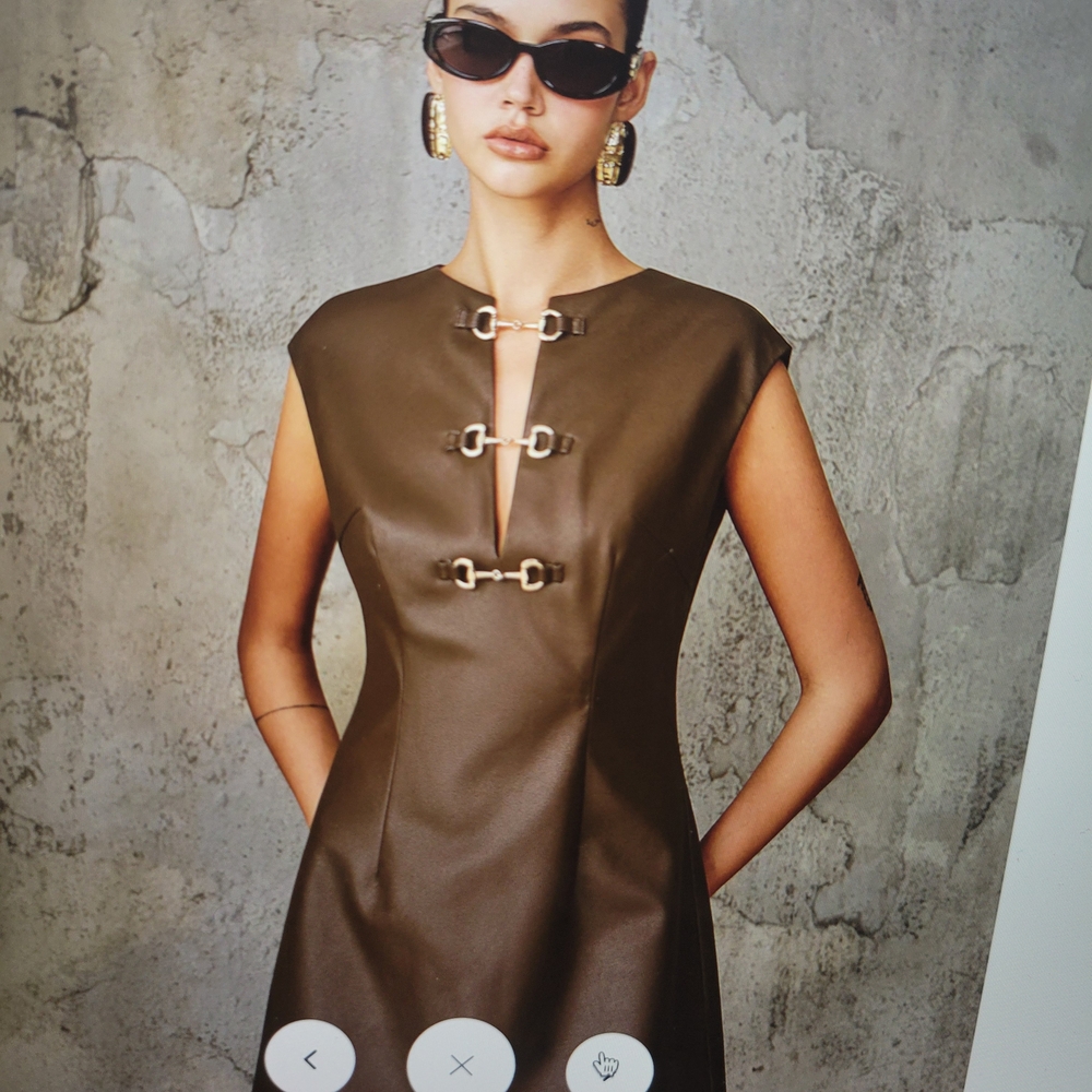 Faux Leather Metal Buckle Sleeveless Elegant Brown Mini Dress - Picture 2 of 3
